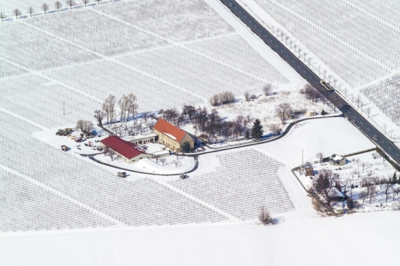 Dreiseitenhof umgeben von Feldern im Winter