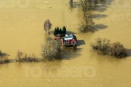Ein Haus versingt im Hochwasser in Coswig im Bundesland Sachsen